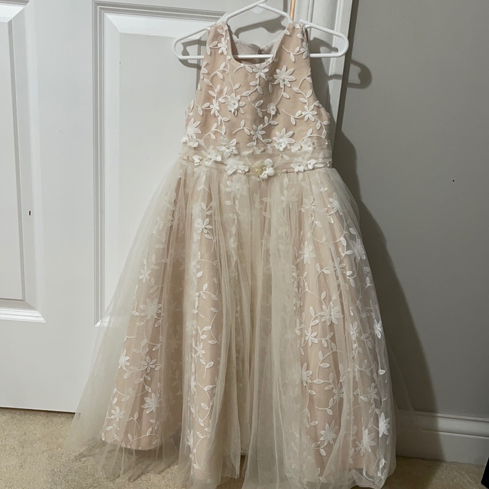 Flower girl gown -  nude with white flowers- size 6t